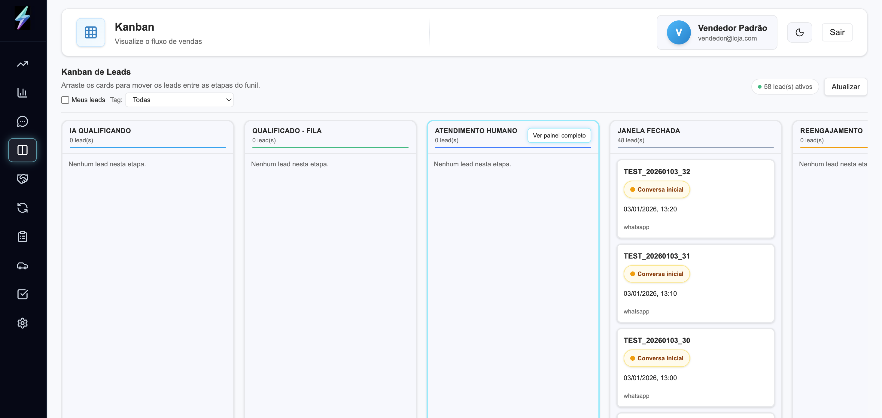 Kanban de leads e etapas de atendimento