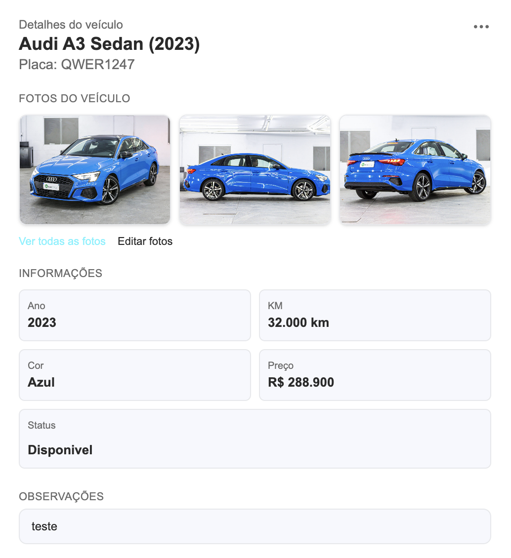 Detalhes de um veículo com informações do lead